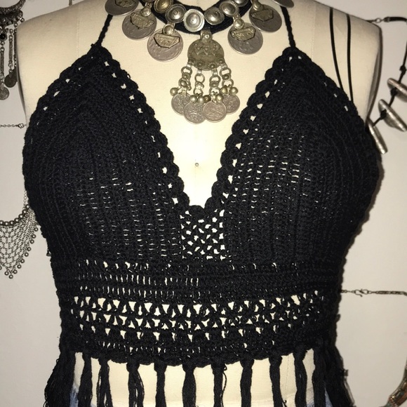 Black Crochet Festival Halter Fringe Crop Top - Picture 3 of 4